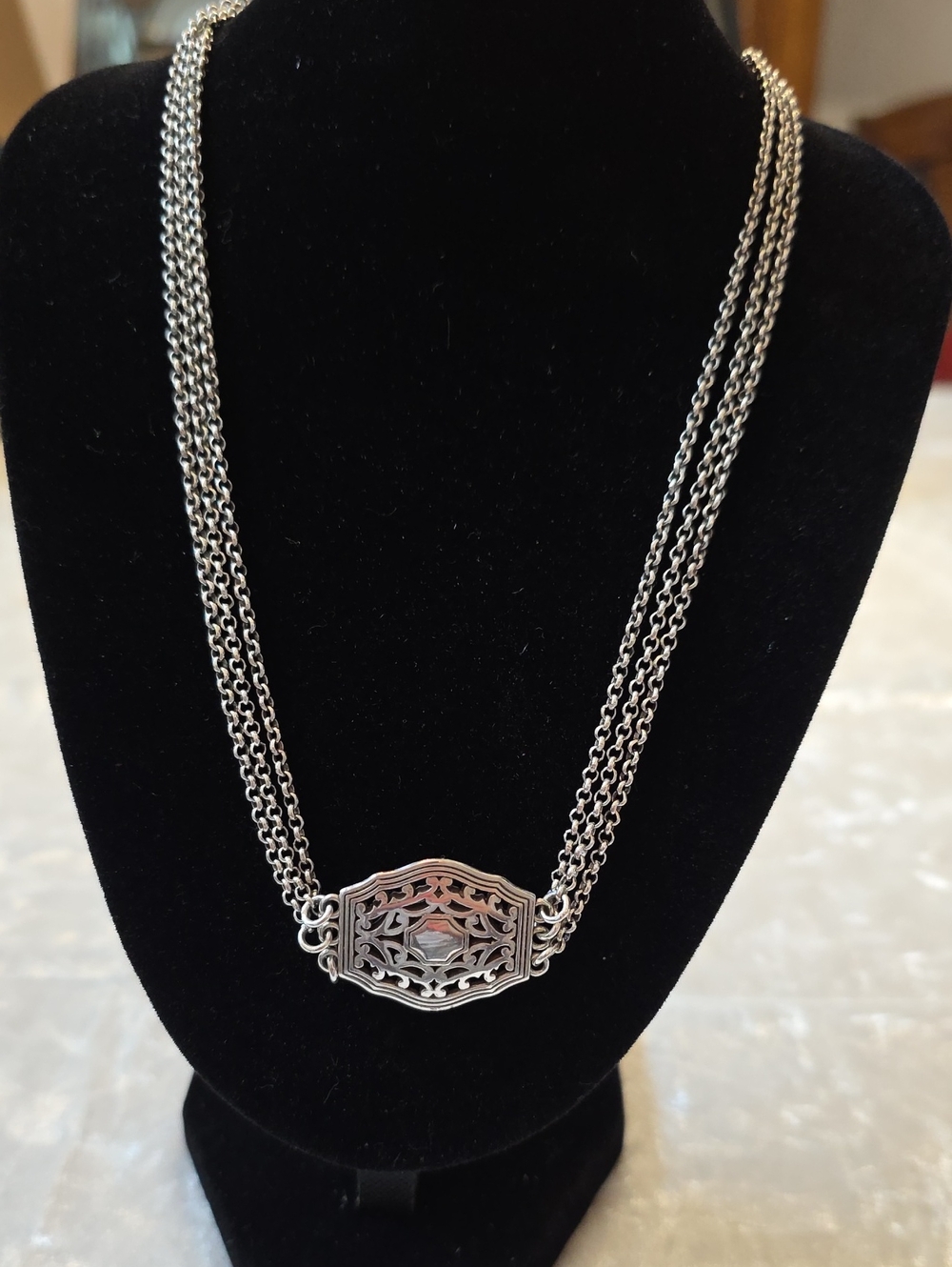 Brighton Silver-Tone Art Deco Filigree Triple Strand Statement Necklace